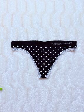 Victoria's Secret Black and White Polka Dot Lace-Trim Bikini Bottoms medium NWT